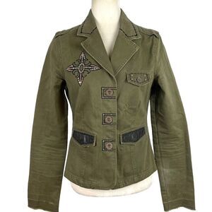 Jaded By Knight Womens Medium Olive Green Egal Leather Military Jacket Studded